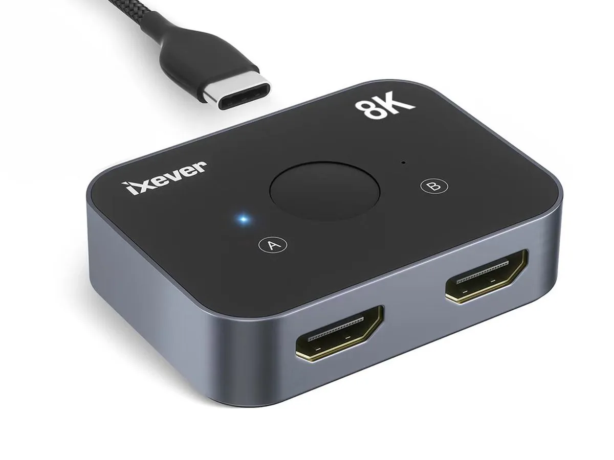 Compact black HDMI 2.1 bi-directional switch with three ports and LED indicator