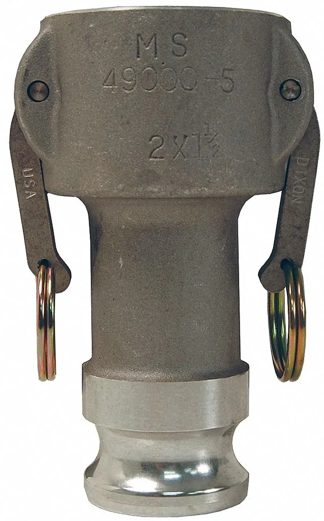 Aluminium cam-and-groove reducing coupler, 5-inch socket to 4-inch plug, silver finish, locking arms visible