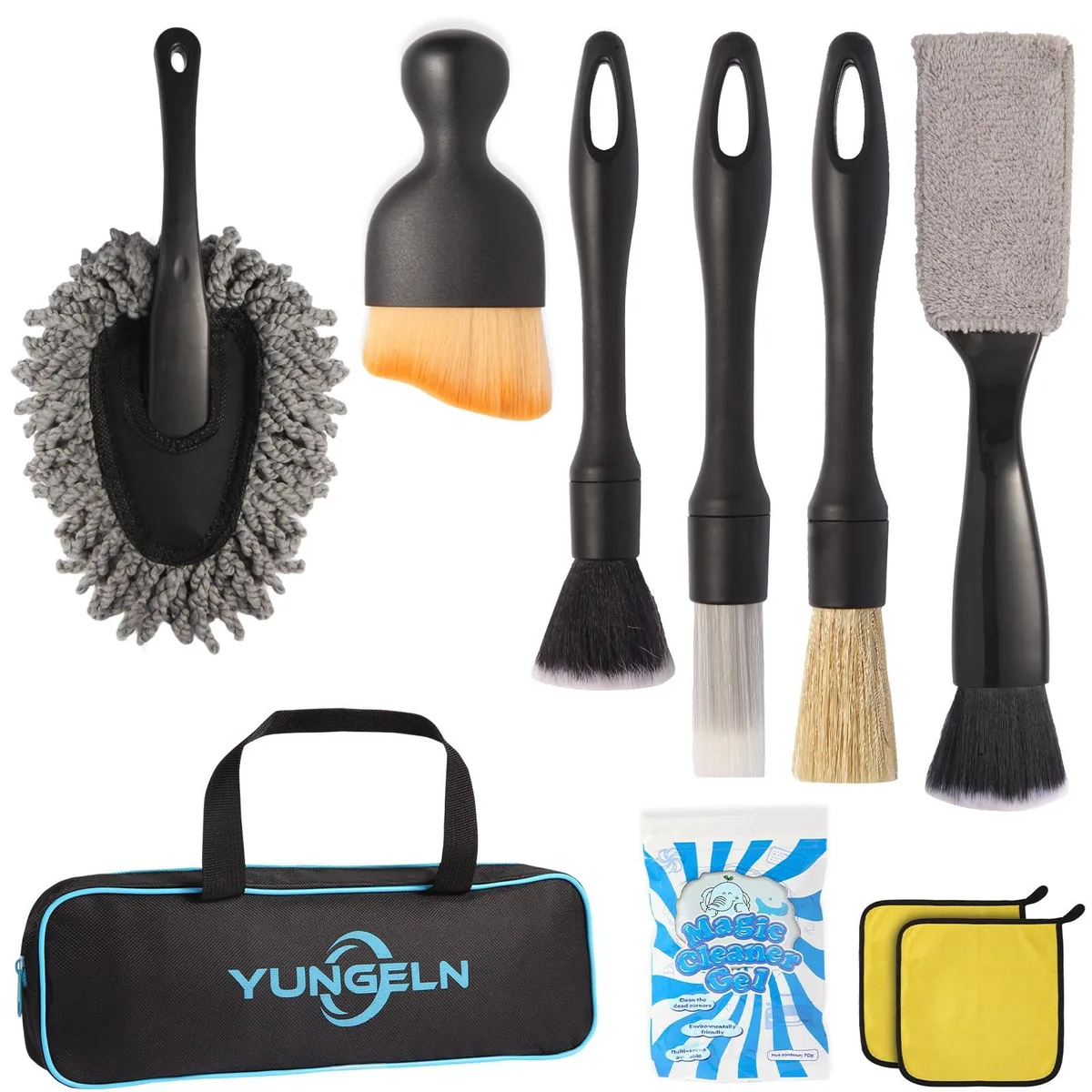 Car detailing brush kit with gel and organiser bag