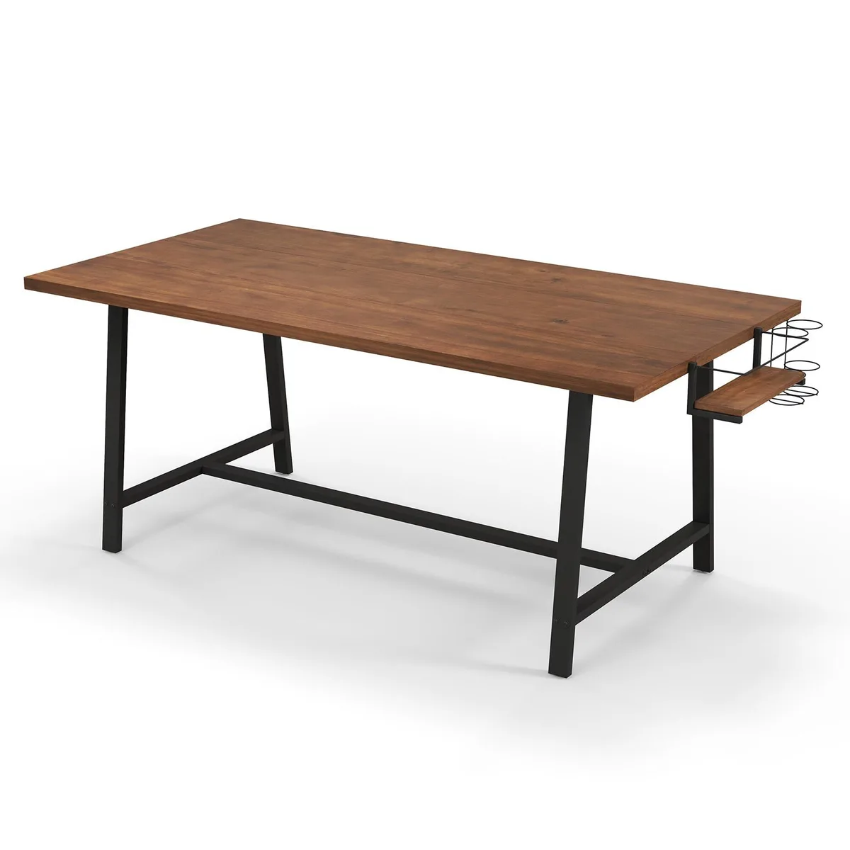 Walnut rectangular dining table with black metal legs and integrated wine rack