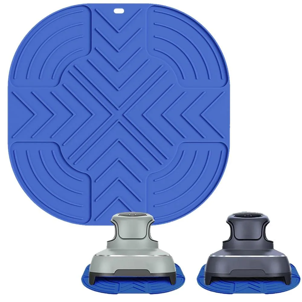 Square dark blue silicone trivet with raised striped pattern and corner grooves, hook at one side
