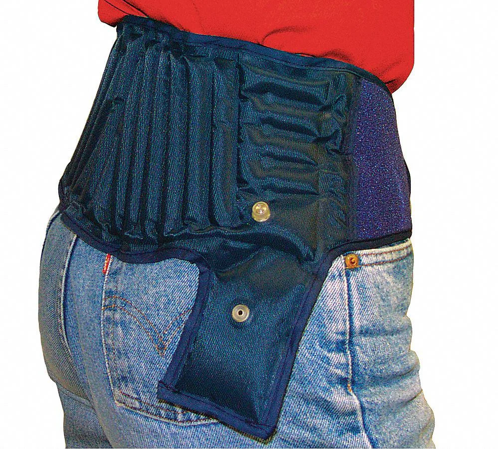 Blue neoprene and nylon back support brace, large size, hook-and-loop closure, inflatable air chambers, no suspenders
