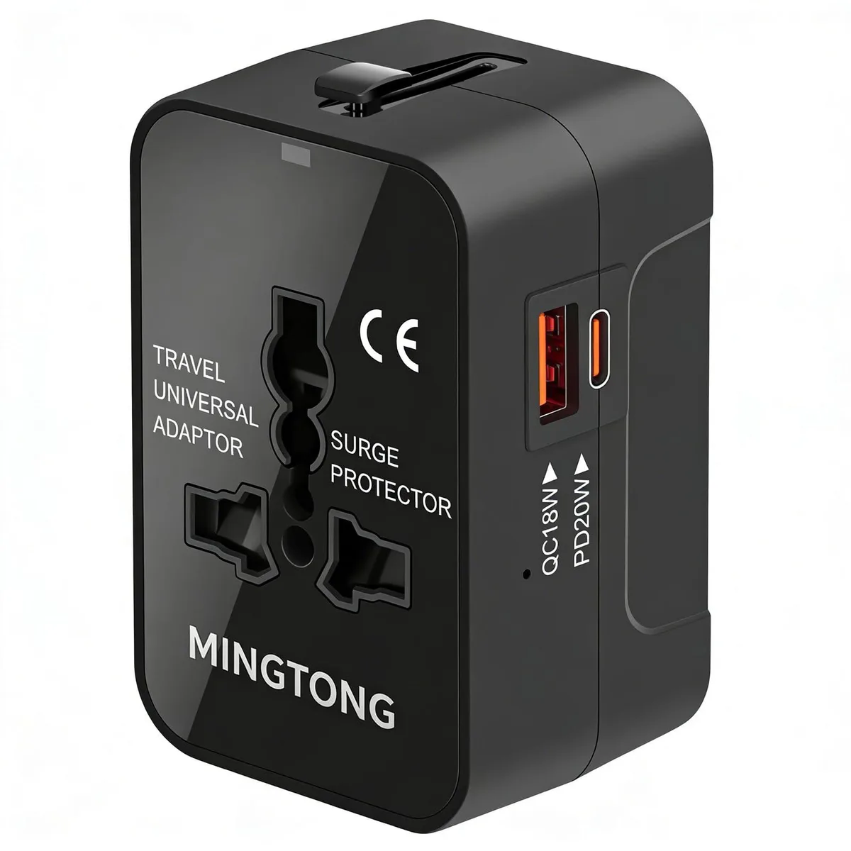 MINGTONG HHT202A Universal Travel Adapter Black 20W USB-C 18W USB-A — product photo