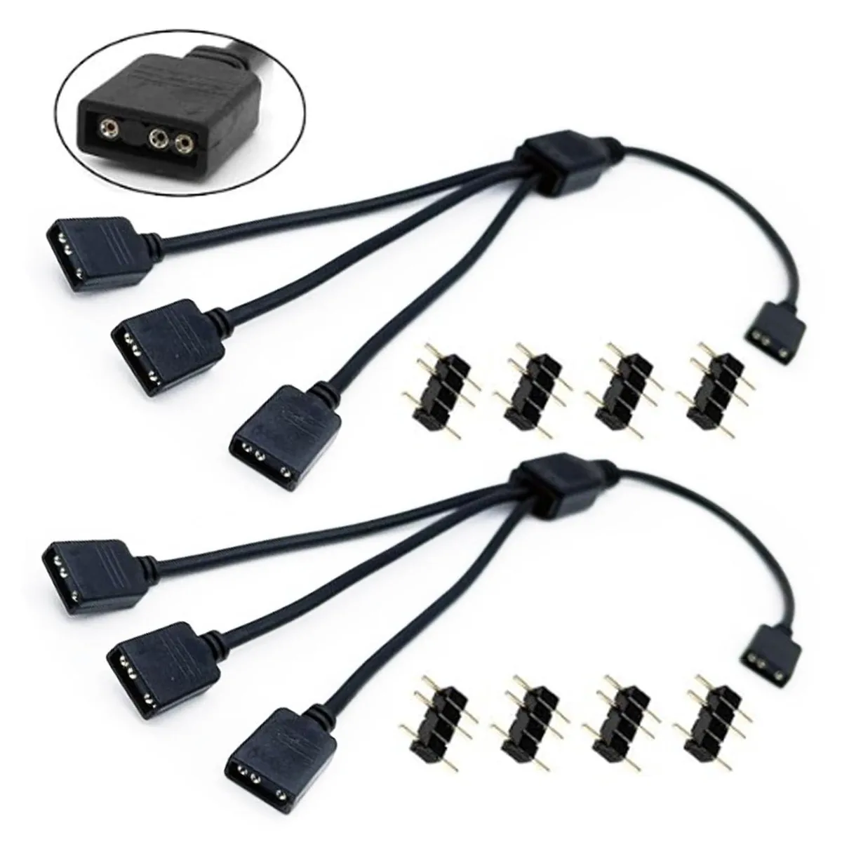 Two black 1-to-3 ARGB splitter cables with 3-pin connectors, 30 cm each