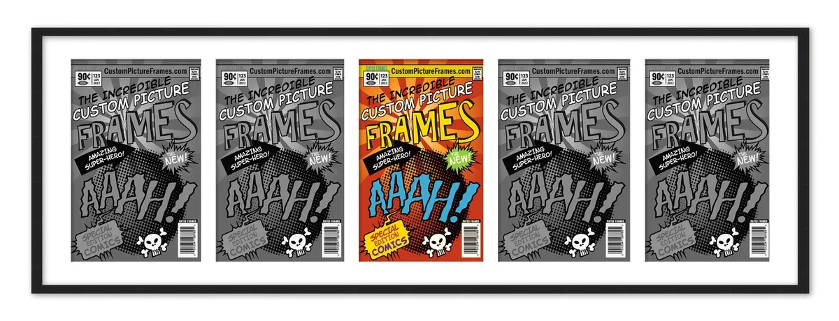 CustomPictureFrames.com CustomPictureFrames.com Black Collage Comic Frame 44x14 White Mat UV Acrylic 5 Current Era Comics — product photo