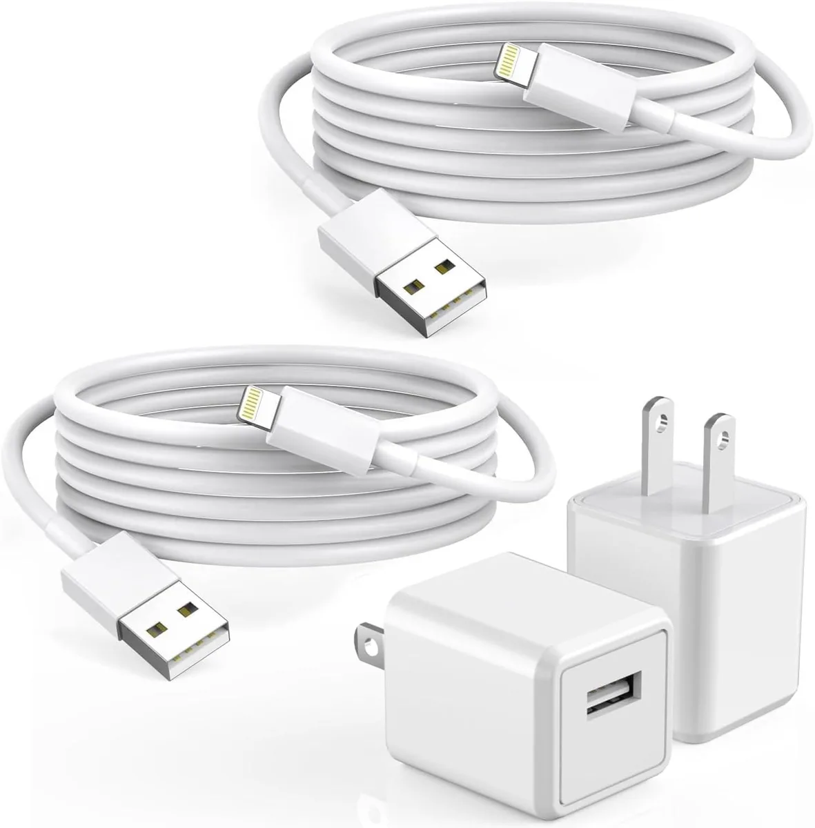 Two white Lightning cables and a small white USB wall charger on a plain background