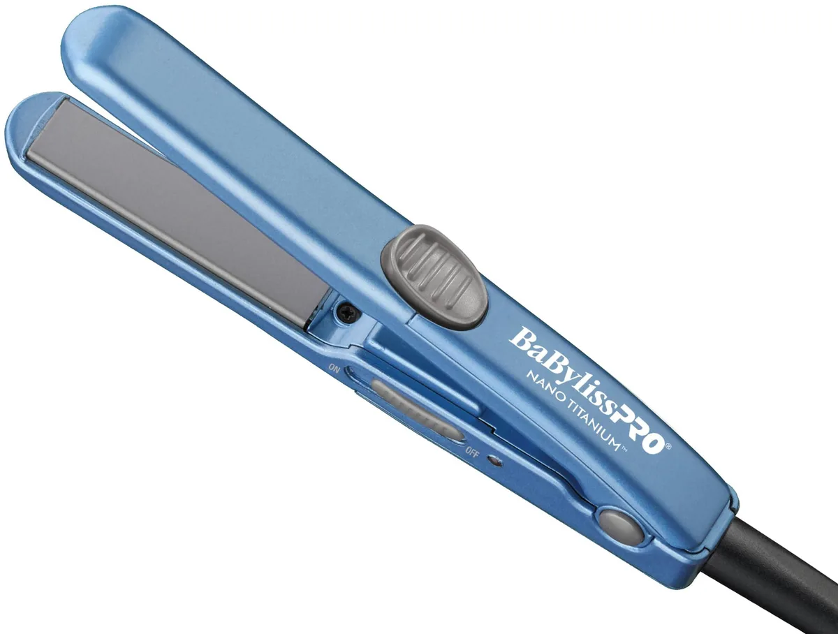 Compact blue mini flat iron with 0.5-inch titanium plates, 6 inches long, travel size