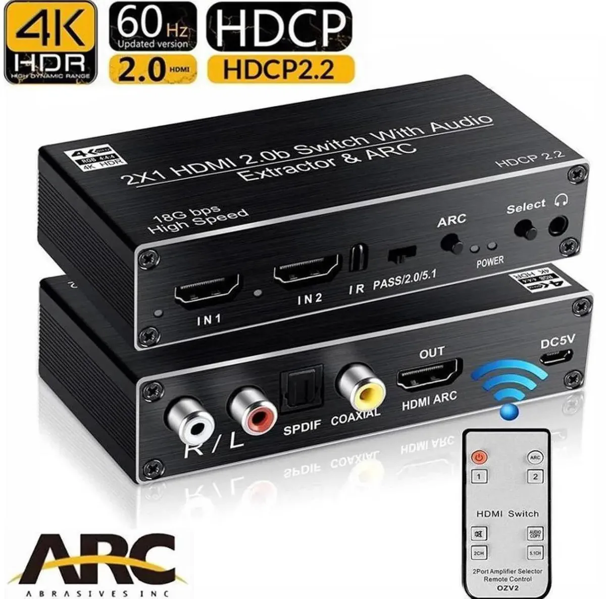 SMUGDESK SMUGDESK 2 Port HDMI 2.0b Switch Audio Extractor IR Remote — product photo