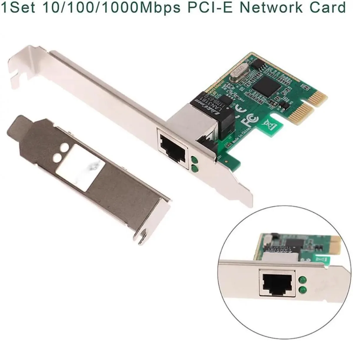 Green PCI-E network card with silver RJ-45 port and gold edge connector