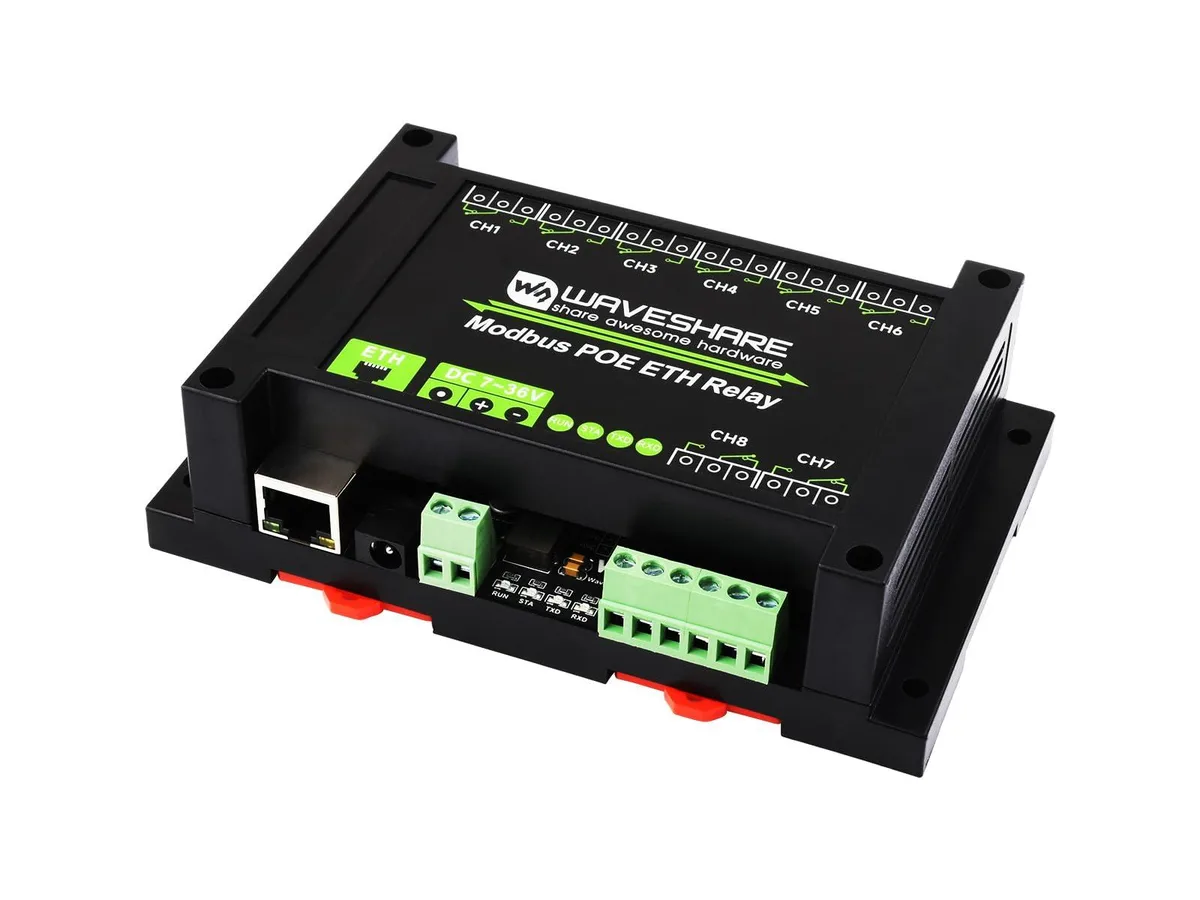 Green ABS rail-mounted enclosure with eight relay terminals and Ethernet PoE port