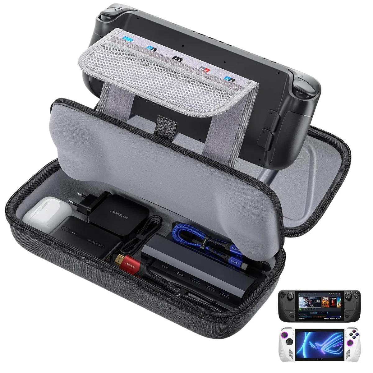 Grey hard-shell travel case with handle and double zipper, large size for handheld console and accessories