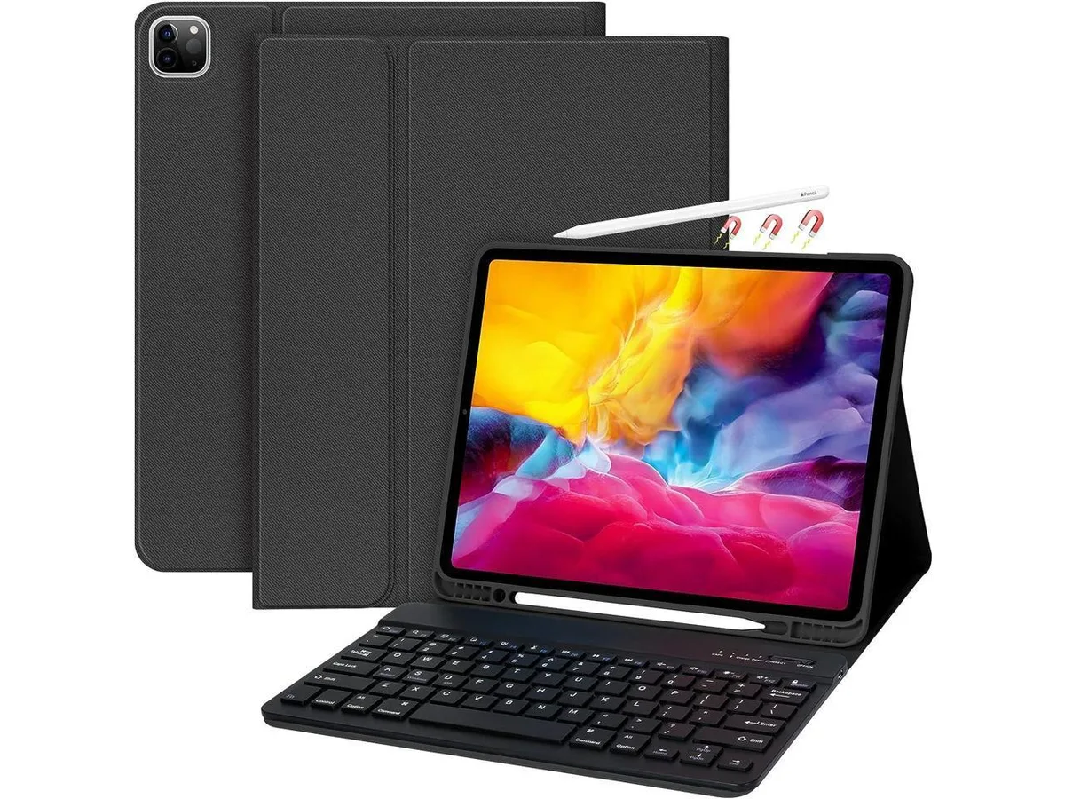Black PU leather case with detachable wireless keyboard and pencil holder for iPad Pro 12.9 inch