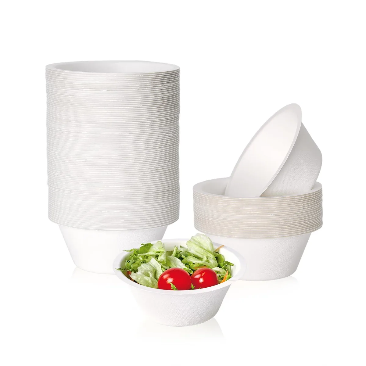 Stack of 150 white round compostable sugarcane bowls