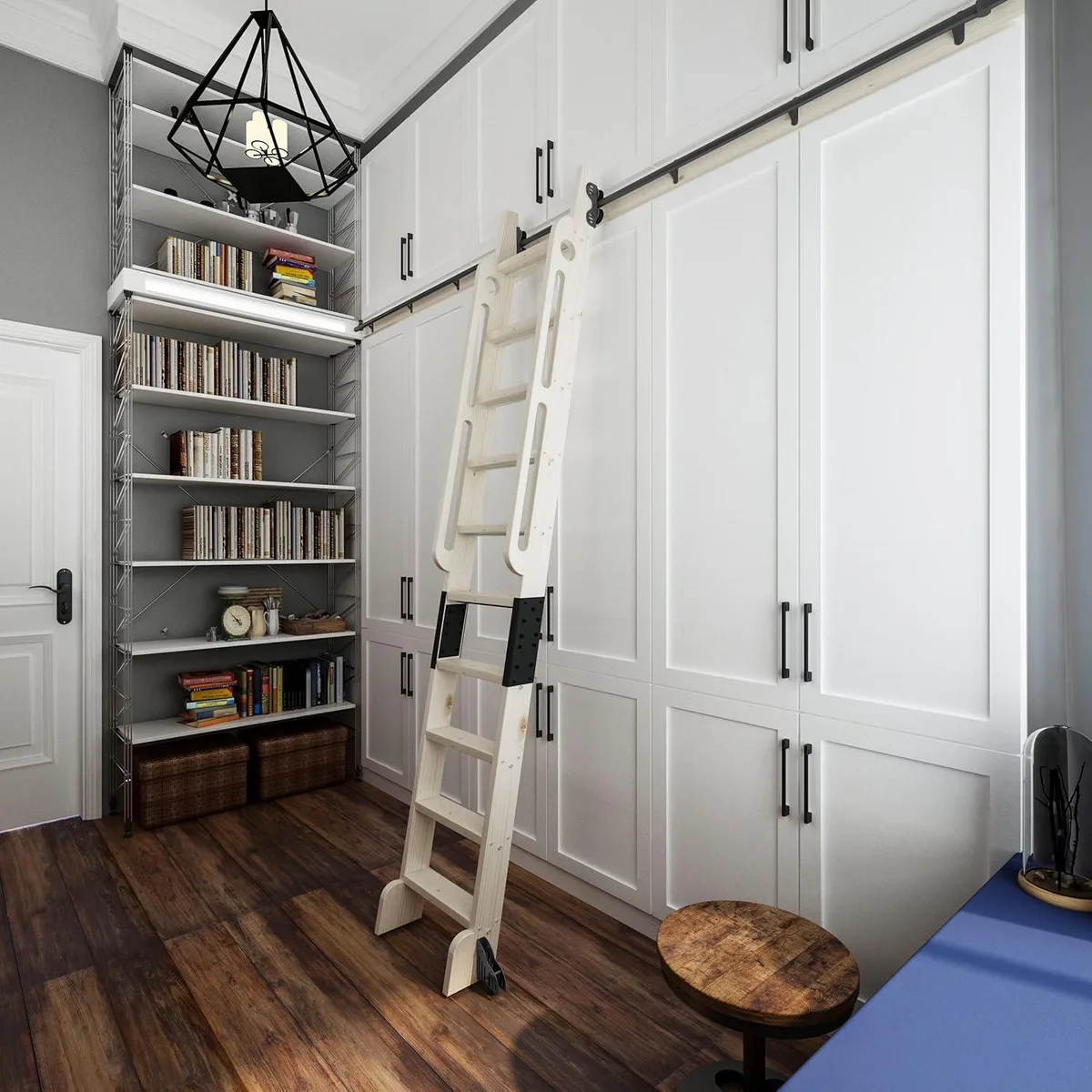 Black carbon-steel sliding ladder hardware kit with 16ft rail, telescopic upper roller and braked floor wheels