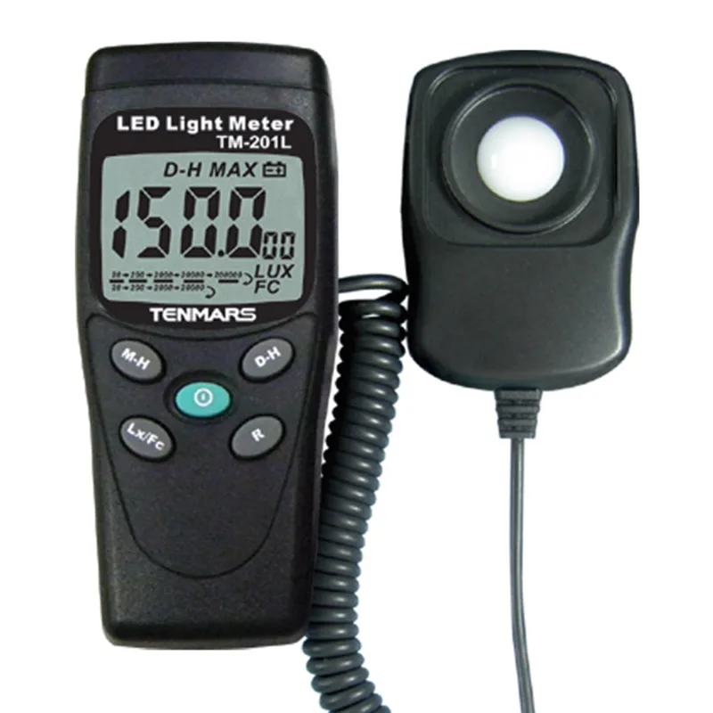 Red handheld LED light meter with wired sensor probe