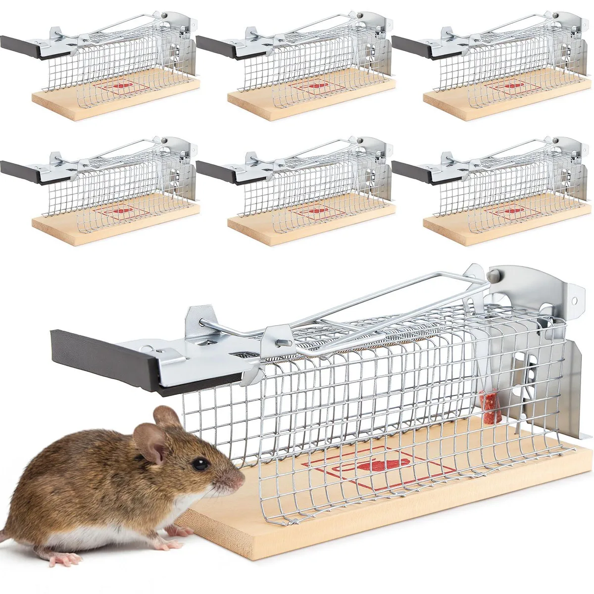 Six silver galvanized-steel and wood live-catch traps, each about 15.3 by 6 by 7.2 cm