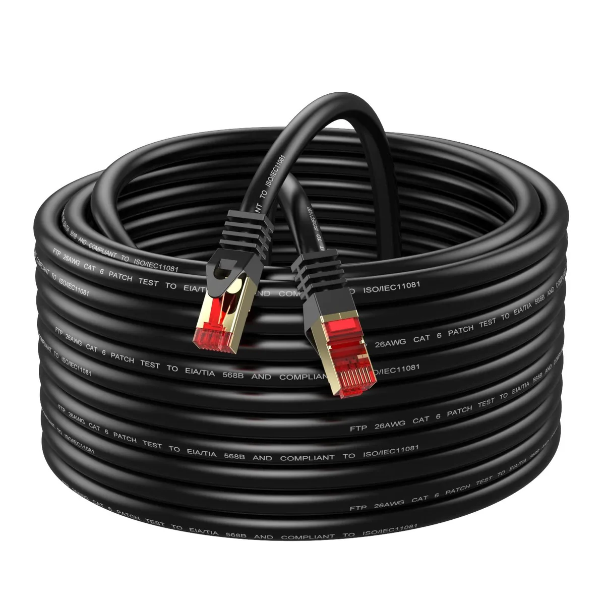 Blue round Cat6 outdoor Ethernet cable with RJ45 connectors, 150ft length