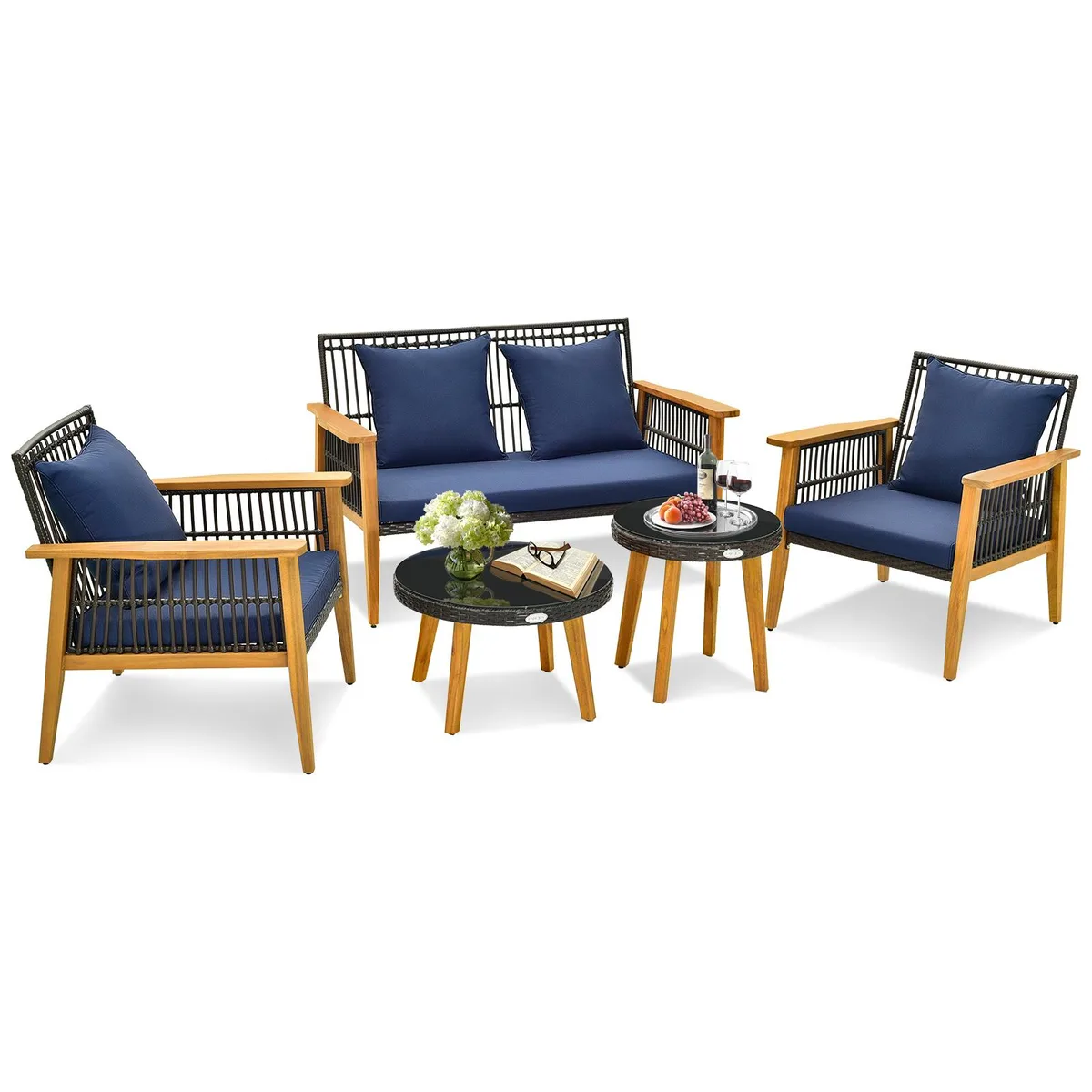 SlickBlue SlickBlue 5 Piece Outdoor Conversation Set Navy Mix Brown 2 Coffee Tables — product photo
