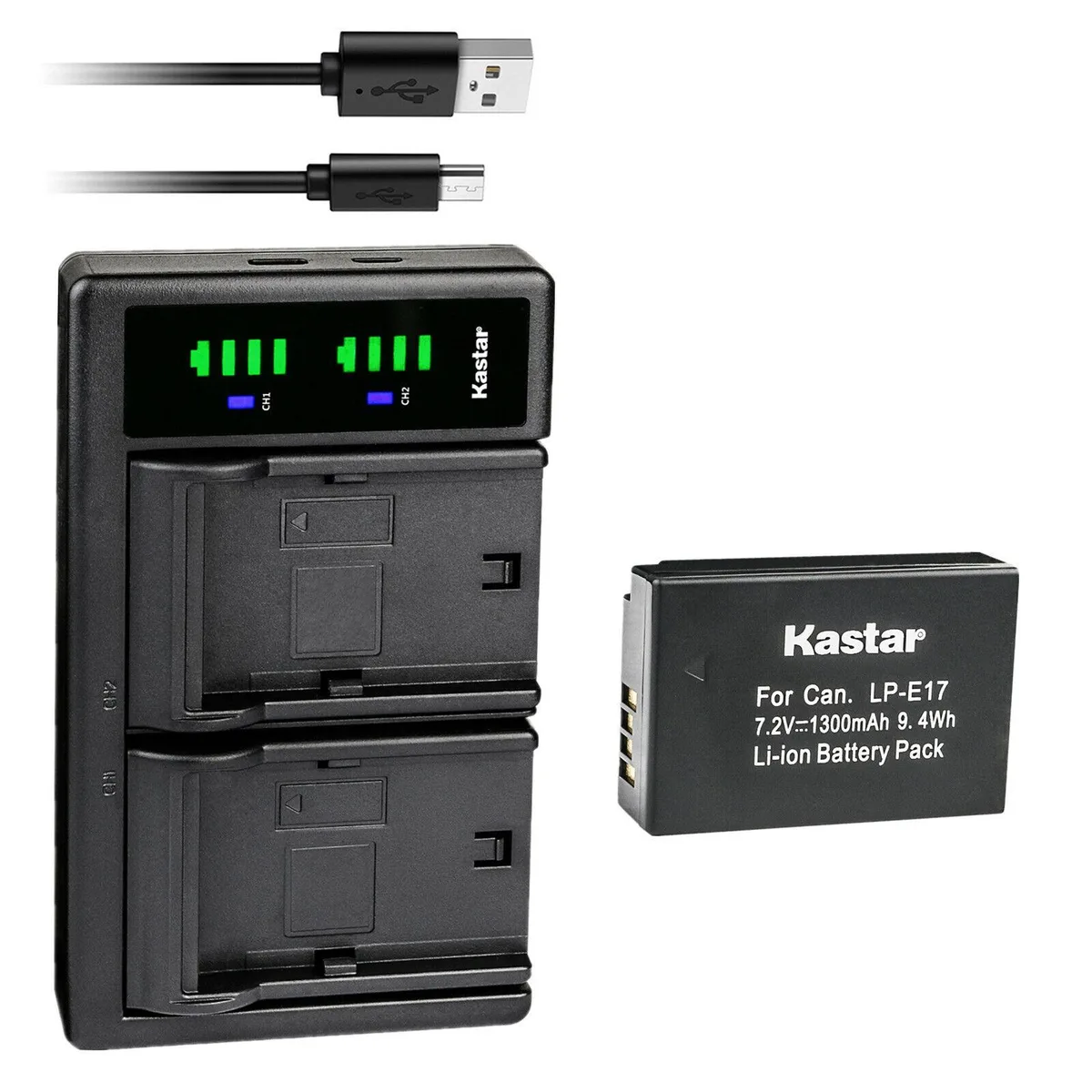 Kastar Kastar LP-E17 1300mAh battery and LTD2 dual USB charger — product photo