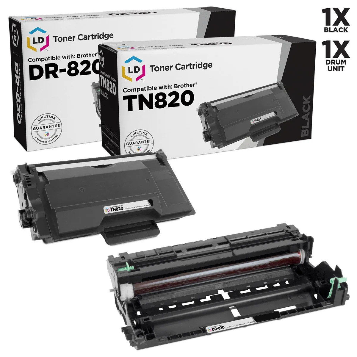 Black toner cartridge and drum unit in white box