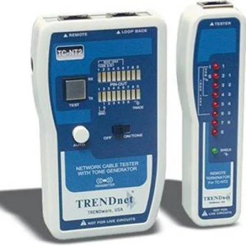 Small rectangular network tester with RJ-45 ports and carrying pouch