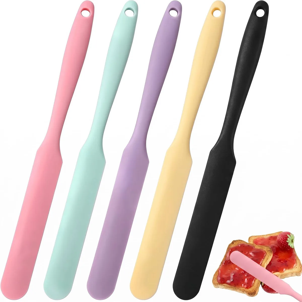 Set of five 9.5 inch silicone jar spatulas in pink yellow green purple and black with long handles and hanging holes