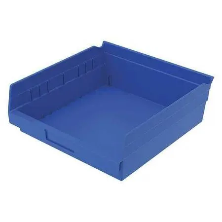 Blue plastic shelf storage bin, rectangular with open top and molded label area
