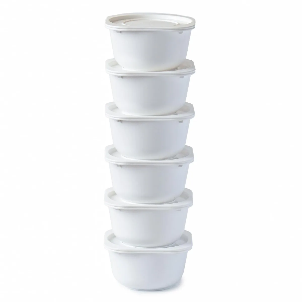 Six white square trays with matching covers stacked together