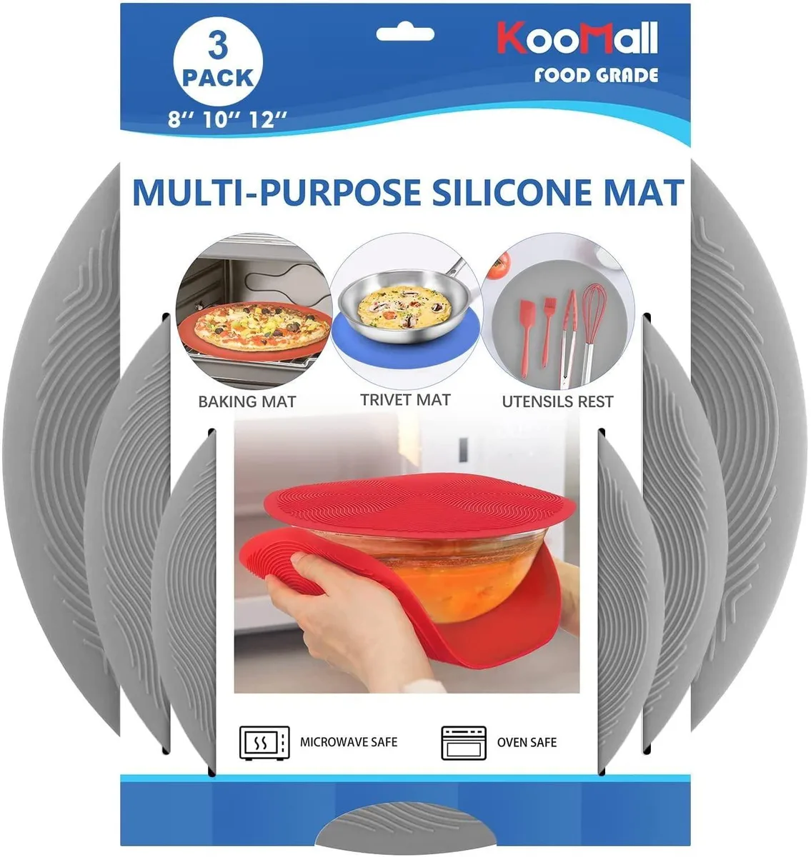 Three grey silicone mats, 8 10 12 inch, textured surface with raised edges