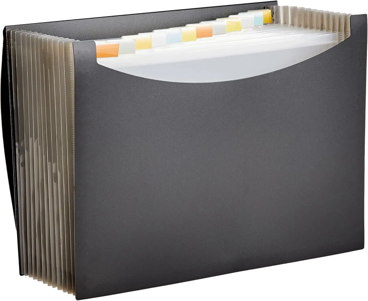 Black polyester expanding accordion file folder with 13 pockets and flap closure