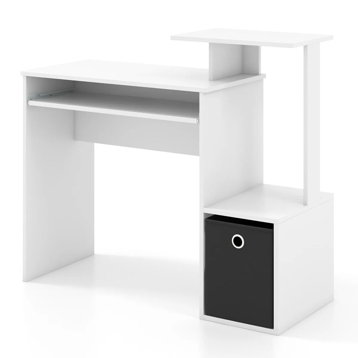 White compact desk with pull-out keyboard tray, shelf and fabric drawer