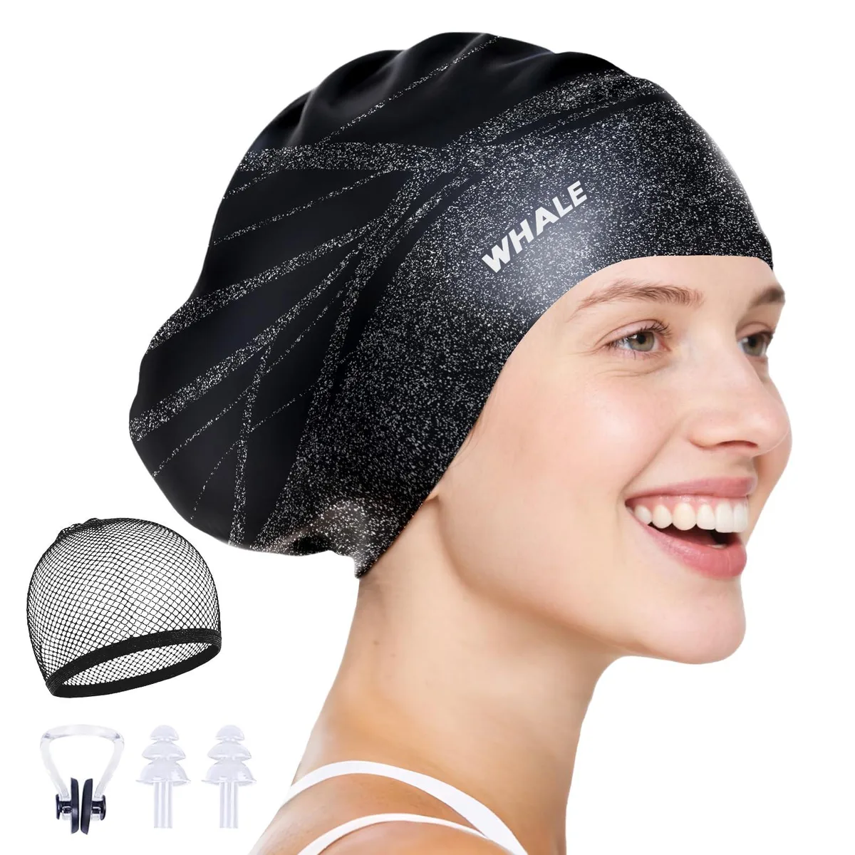  Whale Extra Large Silicone Swim Cap Black X-Large 9.5 inches wide 8.1 inches opening — product photo