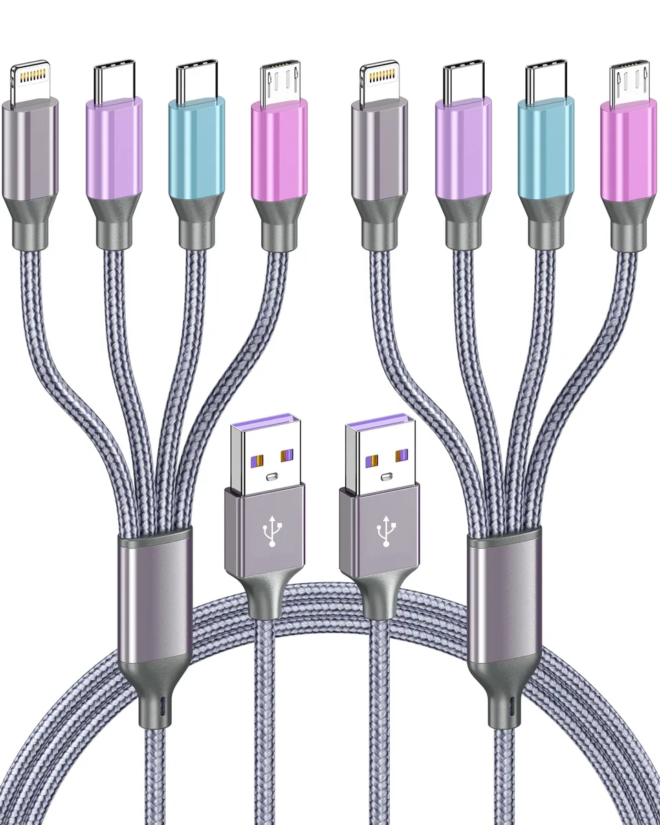 Two braided 4-foot multi cables with Lightning USB-C and micro-USB ends