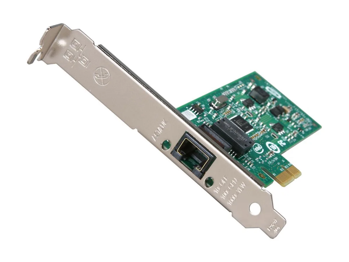 Green PCB network card with gold PCIe connector and single RJ45 port