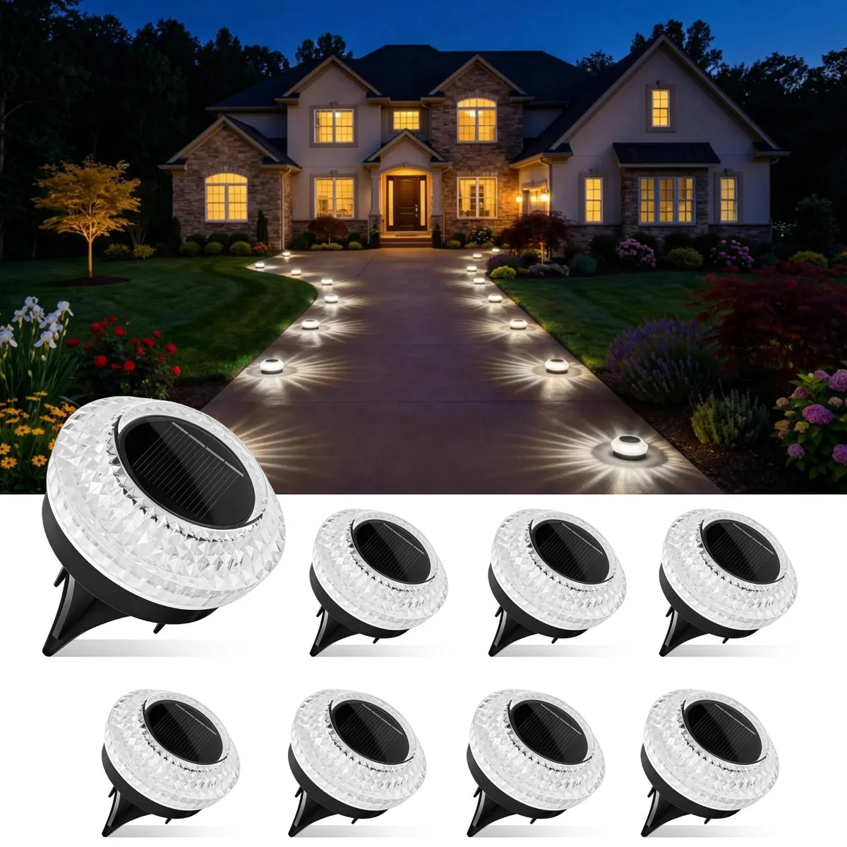Eight small square solar ground lights with diamond-cut lenses on a dark surface
