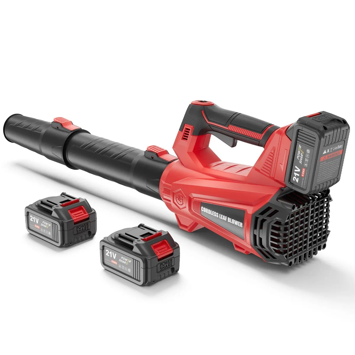 Red cordless leaf blower with two batteries and charger