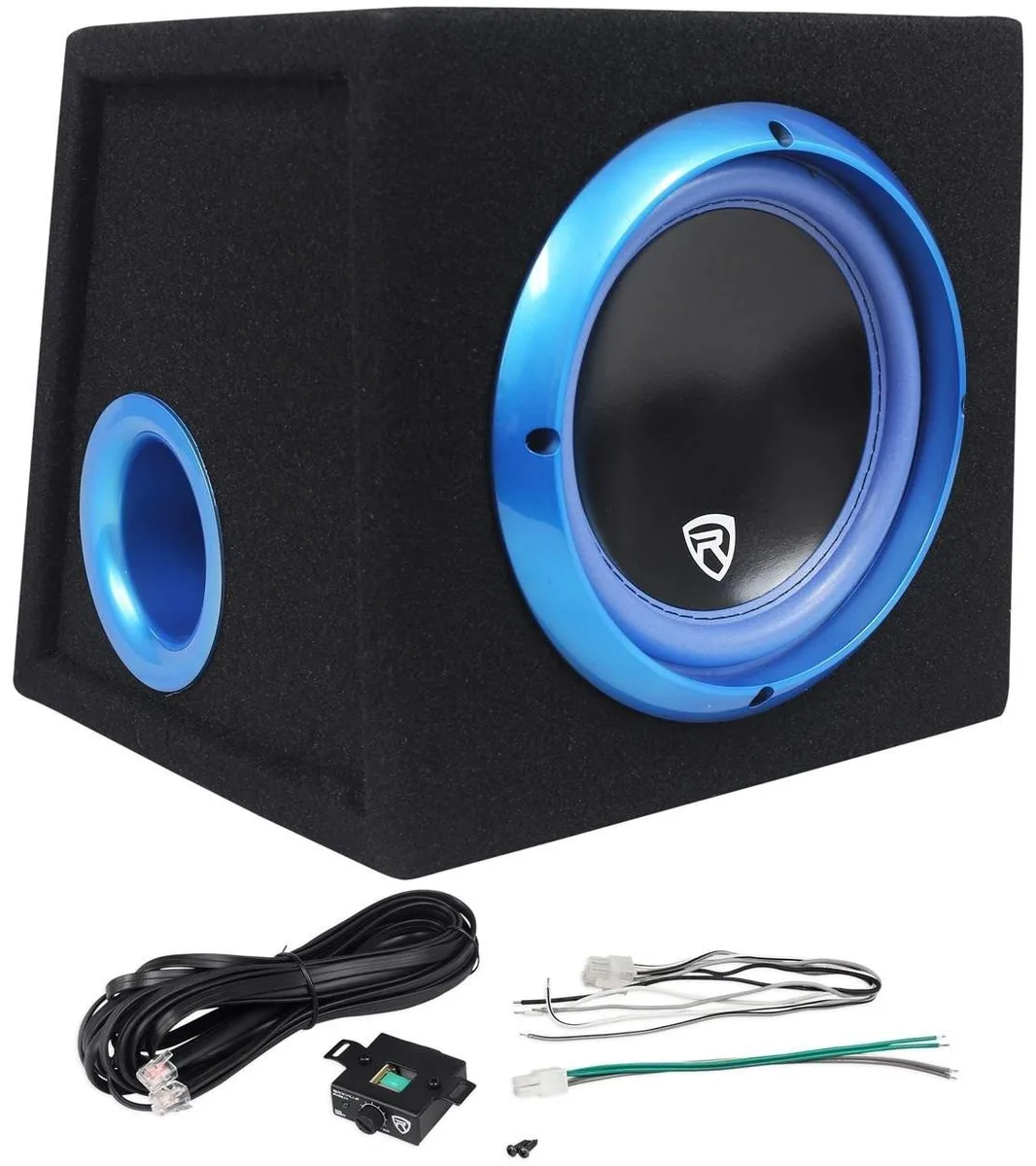 Black rectangular subwoofer enclosure with sloped front, 8 inch driver visible, wired remote attached