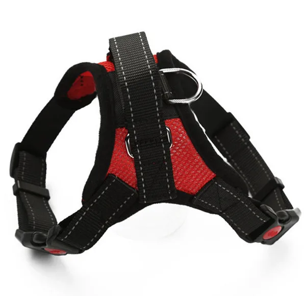 Red mesh dog harness with adjustable straps, metal D-ring and top handle