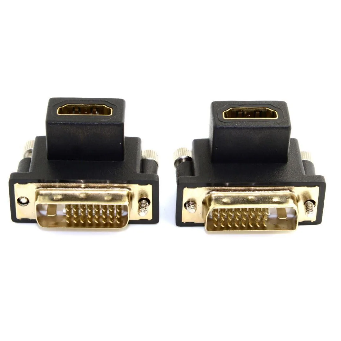 Two right-angled HDMI-to-DVI adapters, gold connectors, one up one down