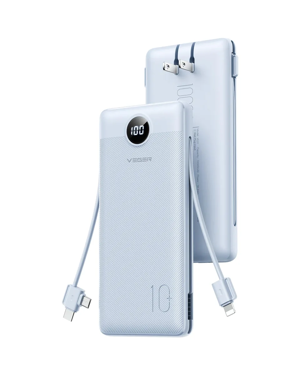 Blue slim power bank with fold-out wall prongs and built-in cables