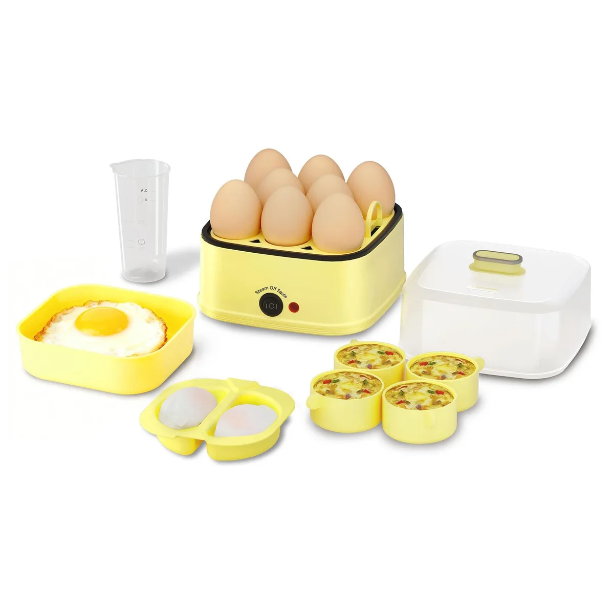 White compact electric egg cooker with transparent lid and 3 litre capacity