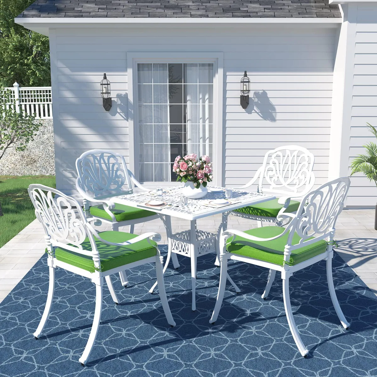 MEETWARM MEETWARM 5-Piece Patio Dining Set White 35.4" Table 4 Chairs Cushions — product photo