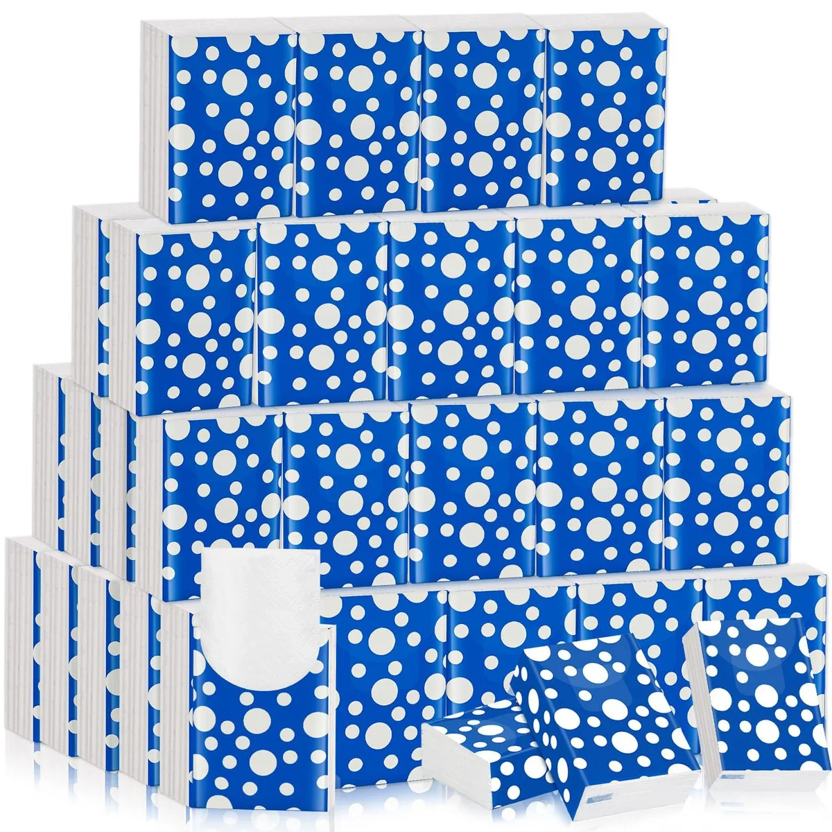 Blue pocket tissue packs with polka dot embossing, sixty individual travel-size wrappers