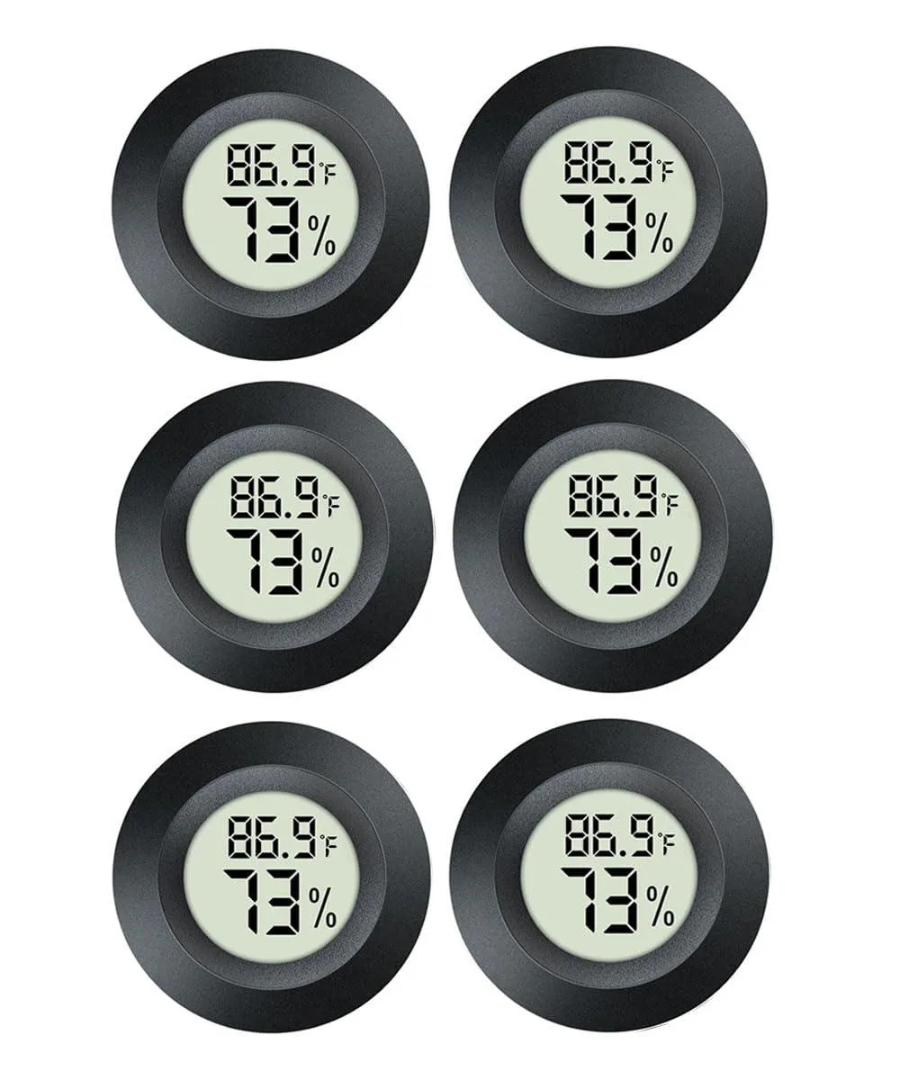 Six black round mini digital thermo-hygrometers with LCD screens