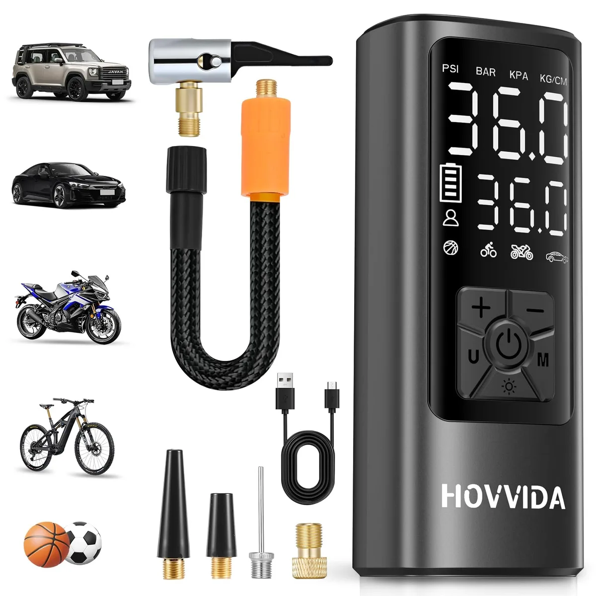 Black cordless tire inflator with digital gauge, compact rectangular body, hose attached
