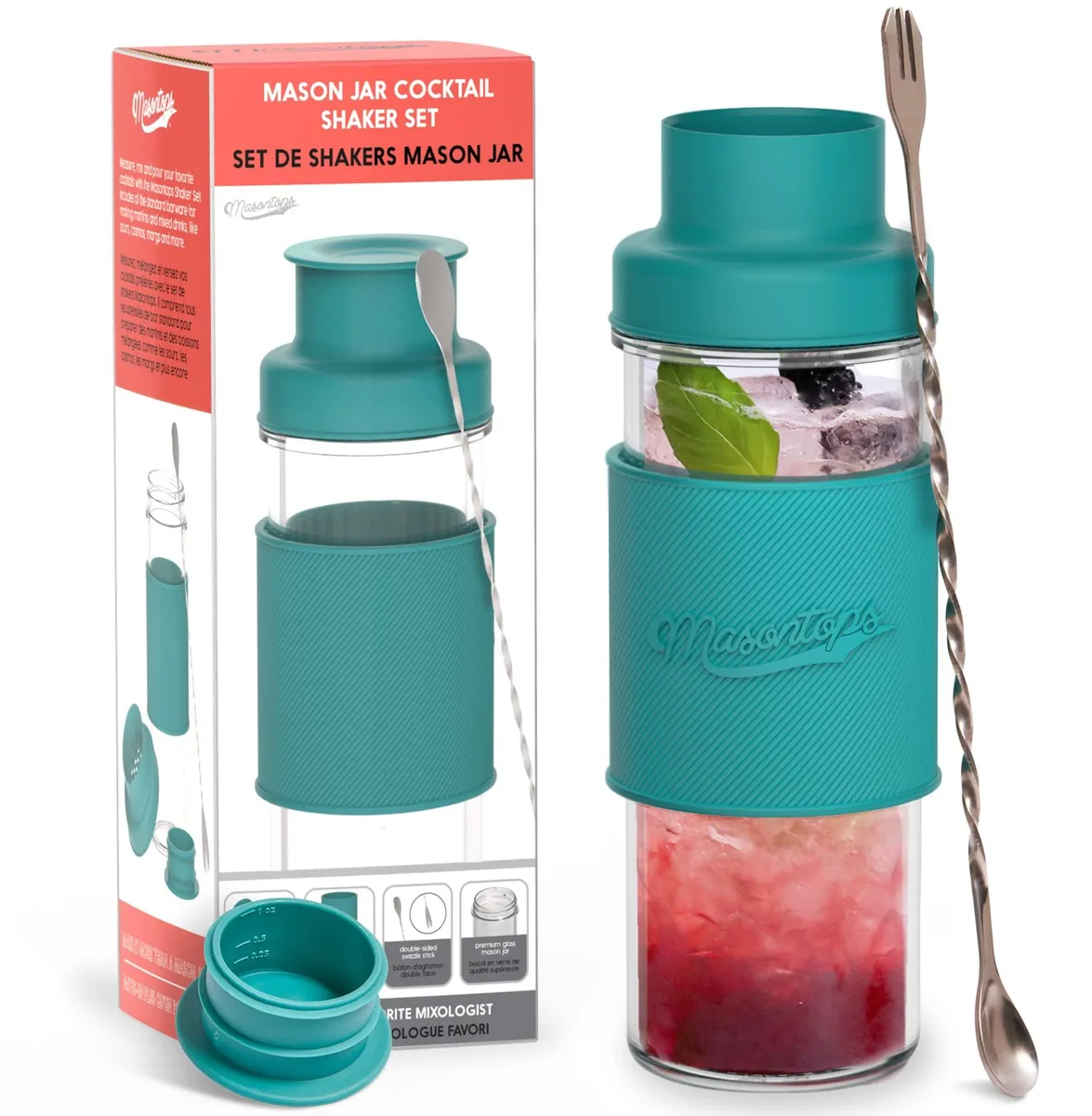 Teal 16oz glass mason jar cocktail shaker set with silicone sleeve strainer lid and metal swizzle stick
