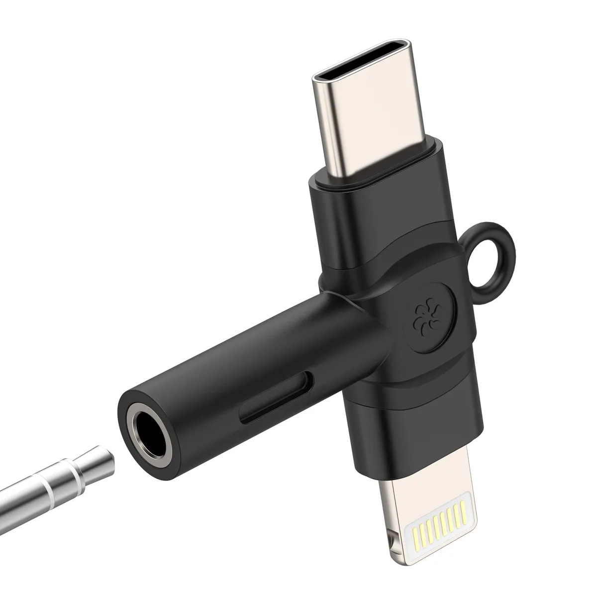 Black T-shaped dongle with Lightning and USB-C plugs to 3.5mm jack