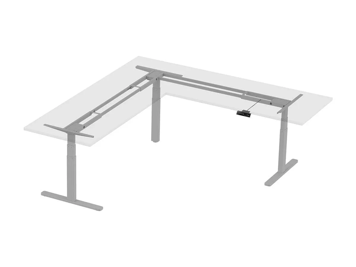 Gray L-shaped corner desk frame with three motorized legs and a programmable controller