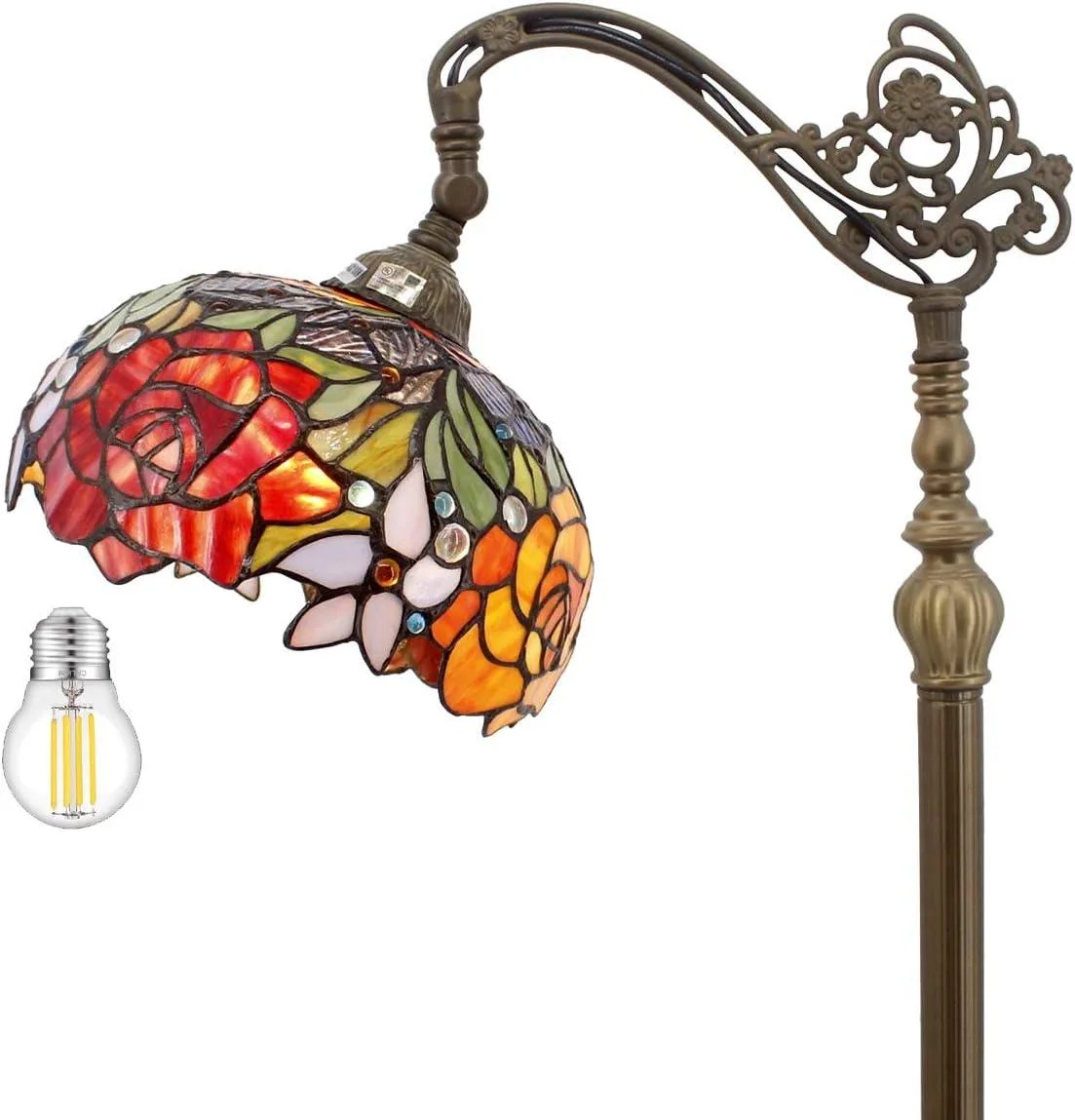 TUKO TUKO Tiffany Floor Lamp Red Rose Stained Glass 64 Inch Gooseneck S001 Series — product photo