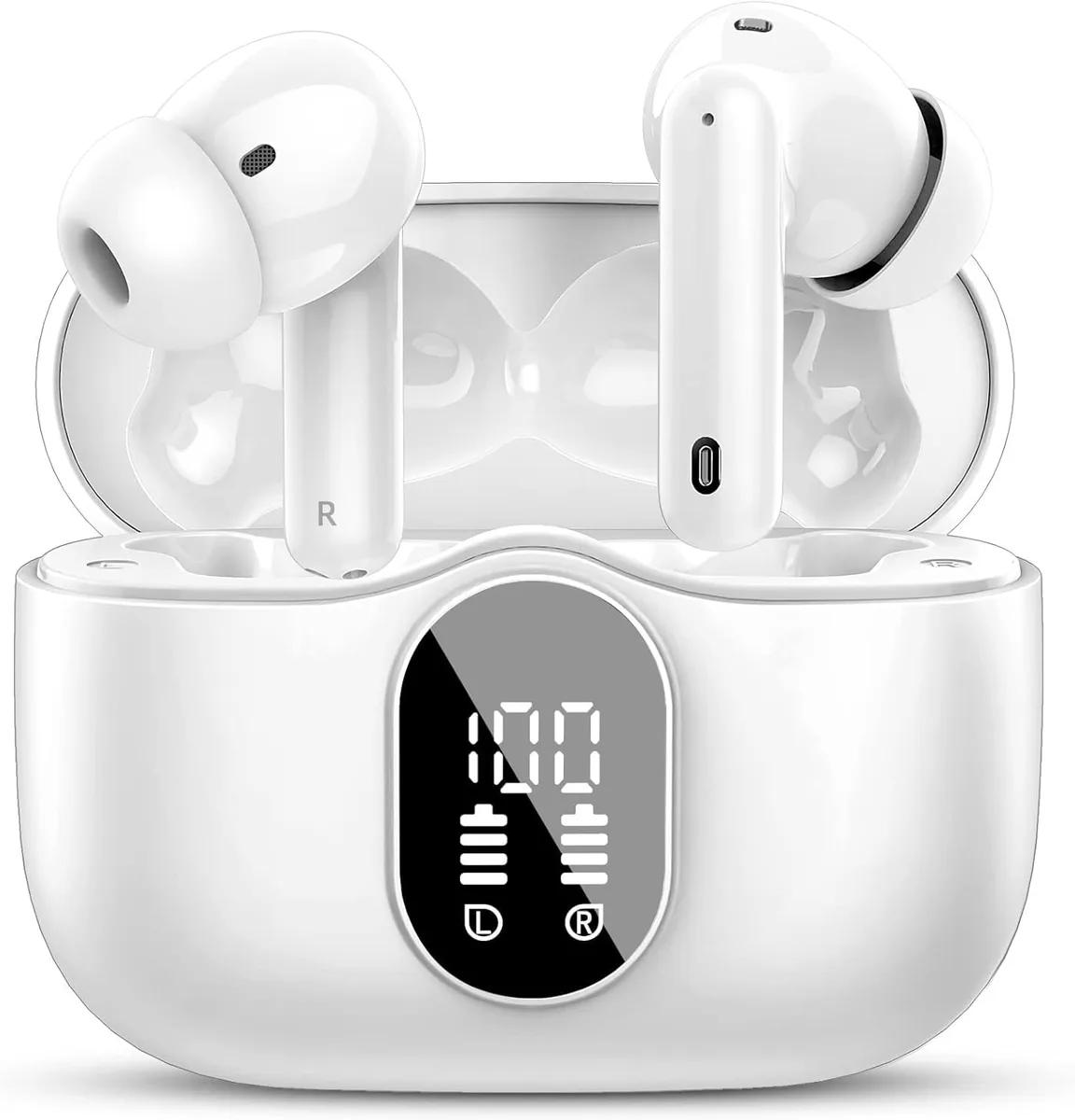 White wireless earbuds in matching charging case with LED display